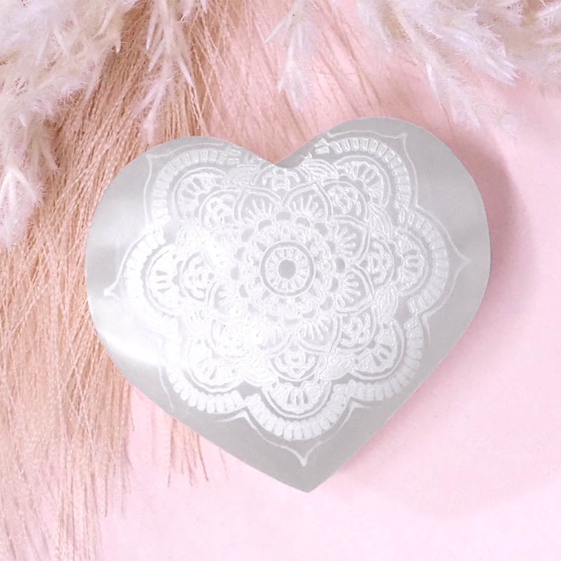 Selenite Heart Engraved Palm Stone