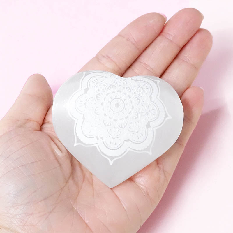 Selenite Heart Engraved Palm Stone